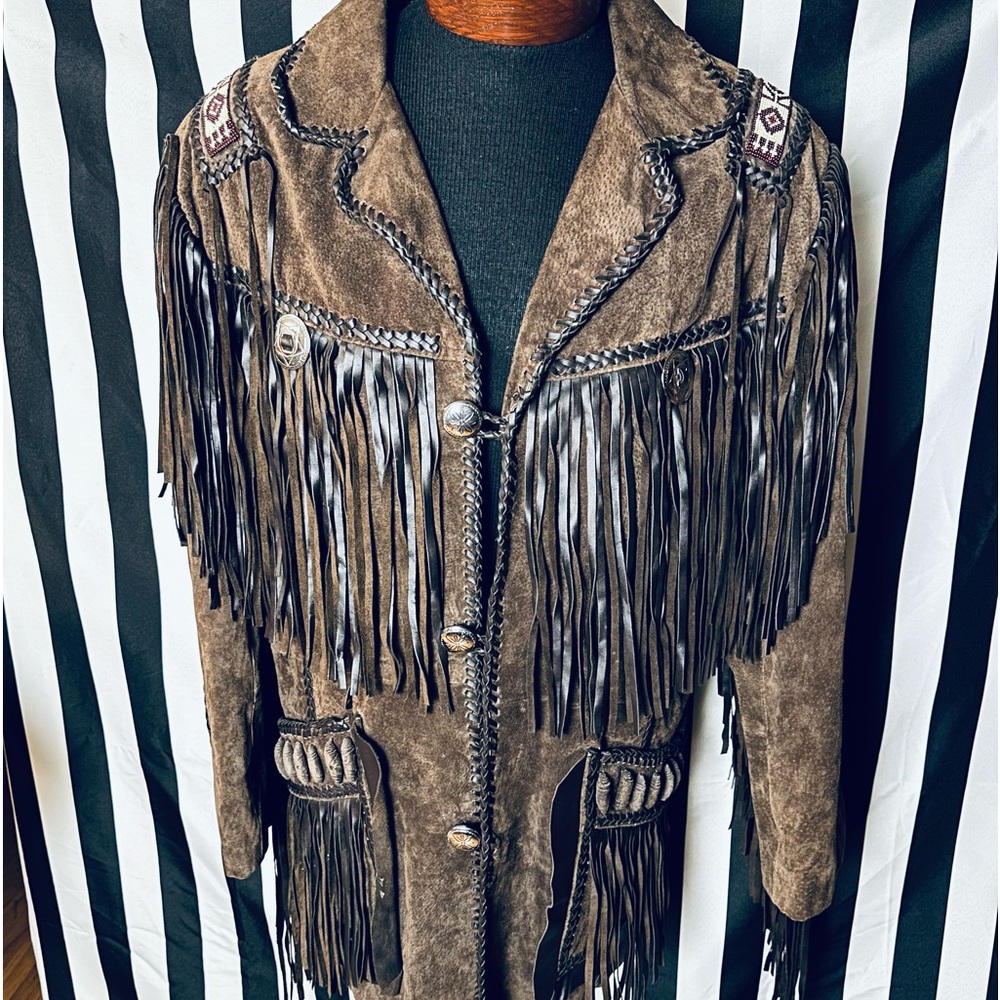 Scully Vintage Espresso Brown Leather Western Fringe Jacket w/ Beaded Panels